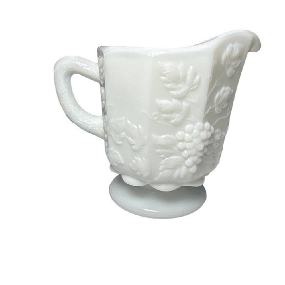 Westmoreland Milk Glass Creamer. Pitcher with Embossed Leaves and Grapes Pattern
